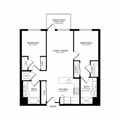 Floor plan for 2 beds, 2 baths, 1051 sqft