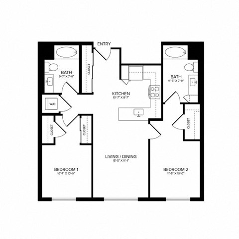 Floor plan for 2 beds, 2 baths, 1007 sqft