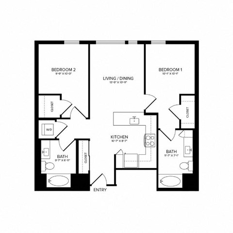 Floor plan for 2 beds, 2 baths, 954 sqft