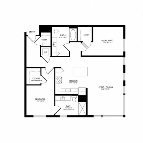 Floor plan for 2 beds, 2 baths, 1279 sqft