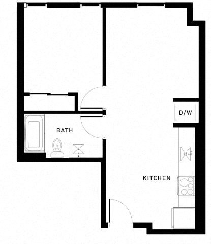 Floor plan for 1 bed, 1 bath, 606 sqft