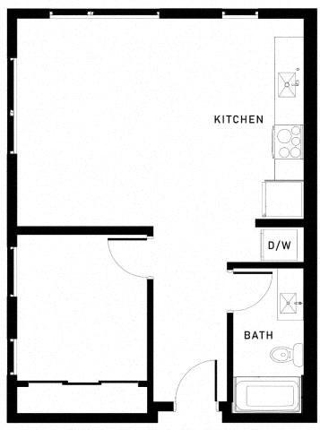 Floor plan for 1 bed, 1 bath, 683 sqft
