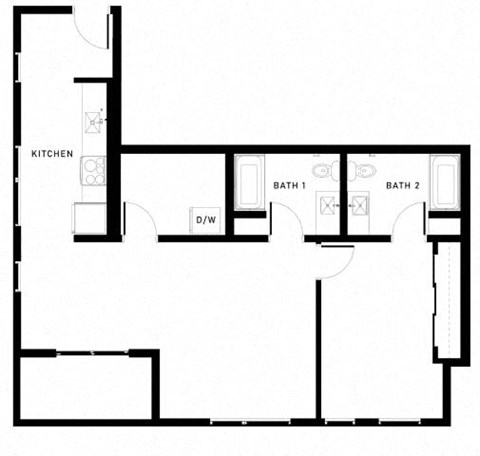 Floor plan for 1 bed, 2 baths, 958 sqft