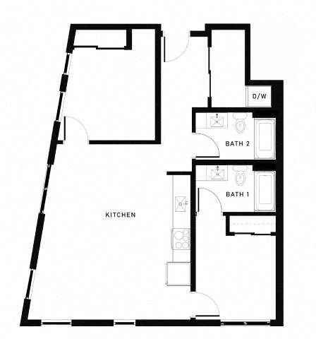 Floor plan for 2 beds, 2 baths, 957 sqft
