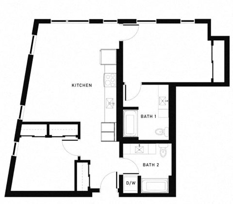 Floor plan for 2 beds, 2 baths, 970 sqft