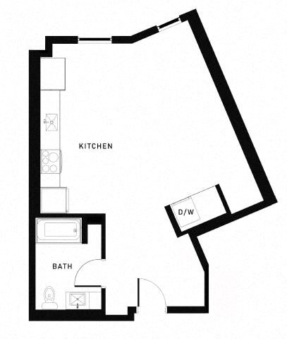Floor plan for studio, 1 bath, 636 sqft
