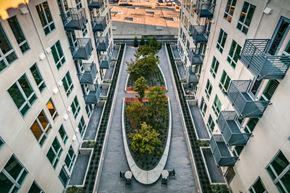 San Francisco apartment for rent - an aerial view of an office building with trees in the center