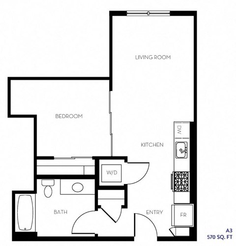 Floor plan for 1 bed, 1 bath, 570 sqft
