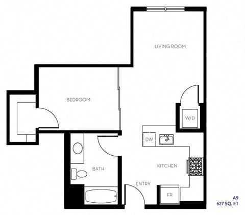 Floor plan for 1 bed, 1 bath, 627 sqft