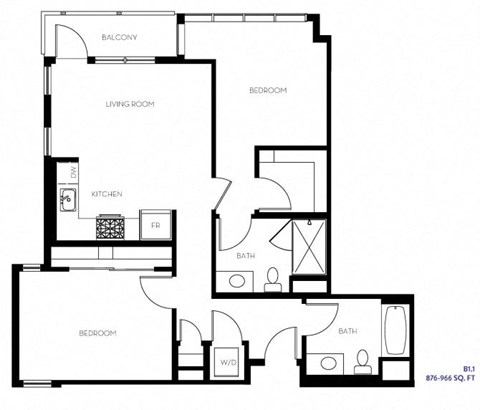 Floor plan for 2 beds, 2 baths, 966 sqft