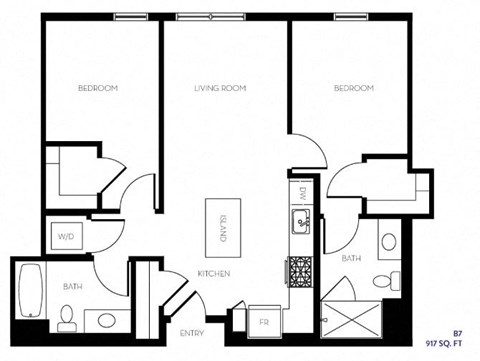 Floor plan for 2 beds, 2 baths, 917 sqft