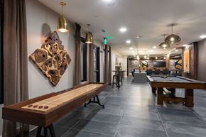 Houston apartment for rent - a game room with a shuffleboard table and a pool table