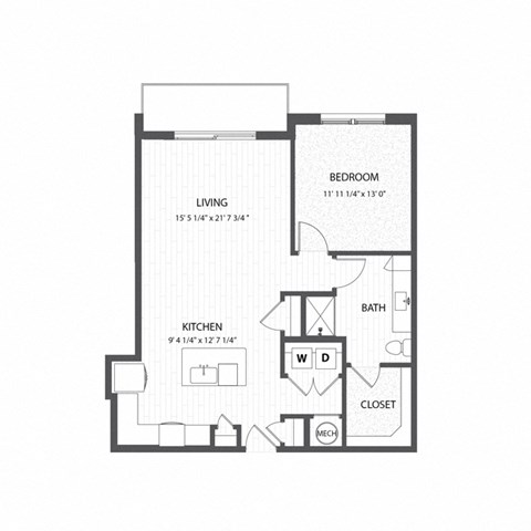 Floor plan for 1 bed, 1 bath, 894 sqft