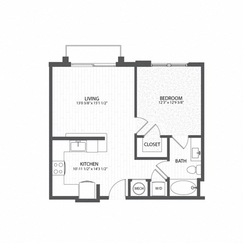 Floor plan for 1 bed, 1 bath, 662 sqft