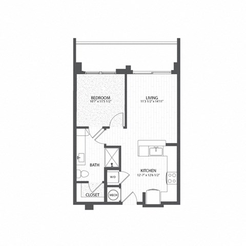 Floor plan for 1 bed, 1 bath, 607 sqft
