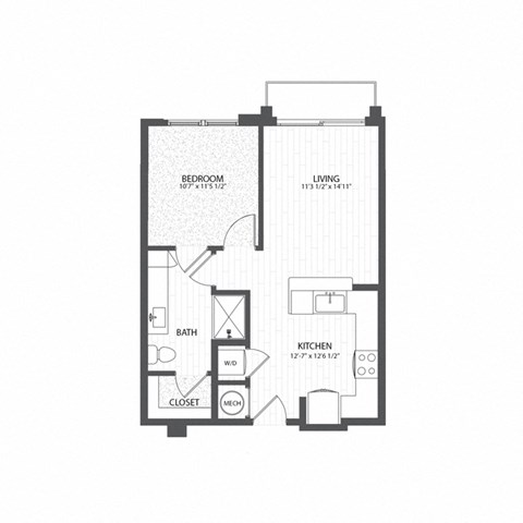Floor plan for 1 bed, 1 bath, 607 sqft