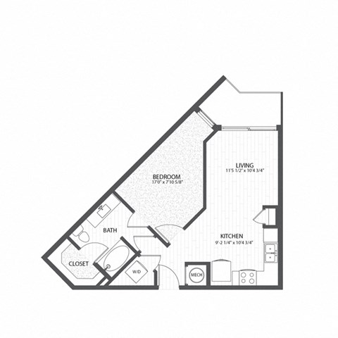 Floor plan for 1 bed, 1 bath, 638 sqft
