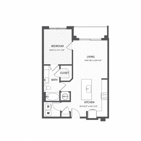 Floor plan for 1 bed, 1 bath, 731 sqft