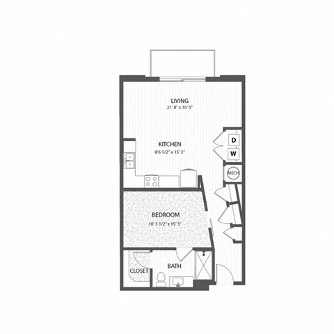 Floor plan for 1 bed, 1 bath, 762 sqft