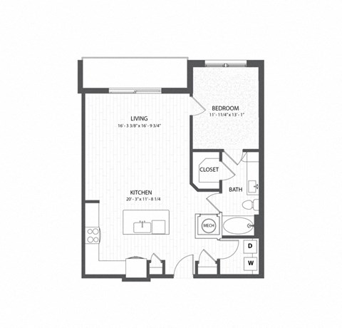 Floor plan for 1 bed, 1 bath, 828 sqft