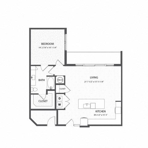 Floor plan for 1 bed, 1 bath, 975 sqft