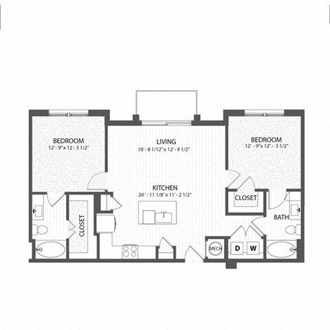 Floor plan for 2 beds, 2 baths, 1036 sqft