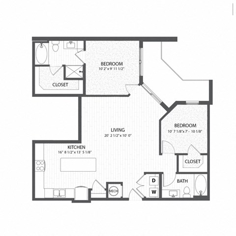 Floor plan for 2 beds, 2 baths, 1149 sqft