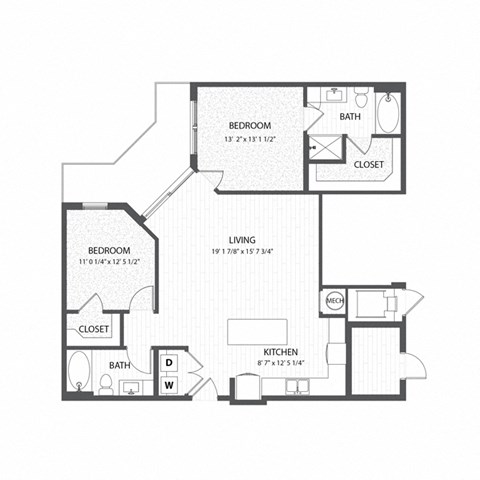 Floor plan for 2 beds, 2 baths, 1109 sqft