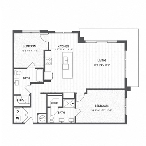 Floor plan for 2 beds, 2 baths, 1343 sqft