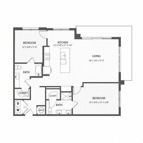 Floor plan for 2 beds, 2 baths, 1343 sqft