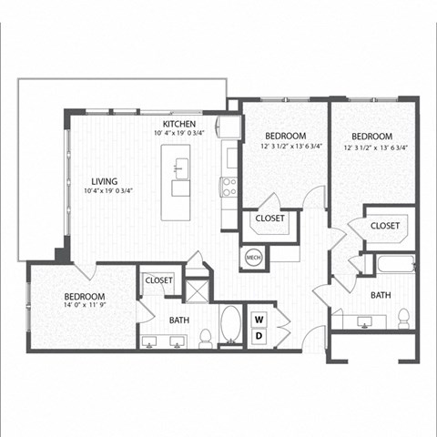 Floor plan for 3 beds, 2 baths, 1459 sqft