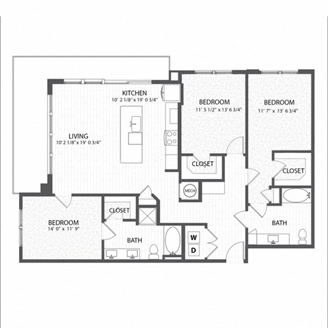 Floor plan for 3 beds, 2 baths, 1459 sqft