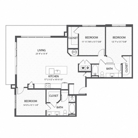 Floor plan for 3 beds, 2 baths, 1606 sqft