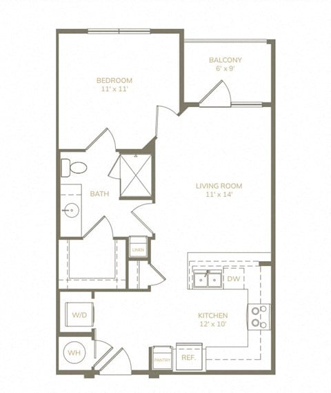 Floor plan for 1 bed, 1 bath, 632 sqft