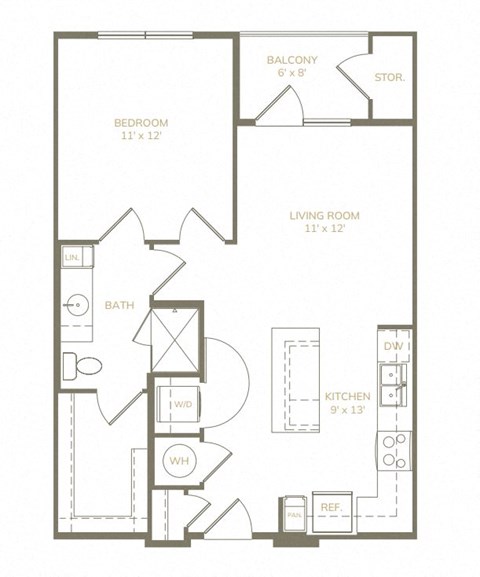 Floor plan for 1 bed, 1 bath, 675 sqft