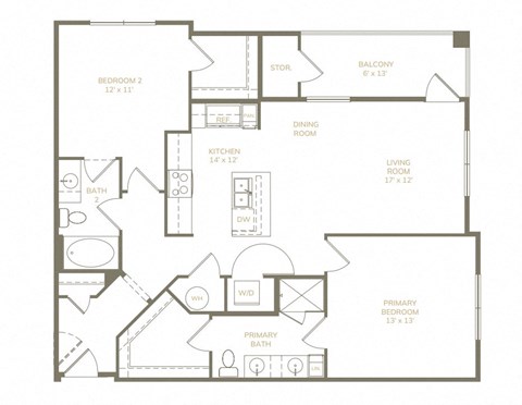 Floor plan for 2 beds, 2 baths, 1124 sqft