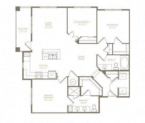 Floor plan for 3 beds, 2 baths, 1242 sqft