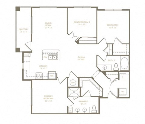 Floor plan for 3 beds, 2 baths, 1242 sqft