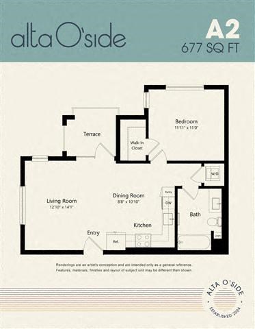 Floor plan for 1 bed, 1 bath, 677 sqft
