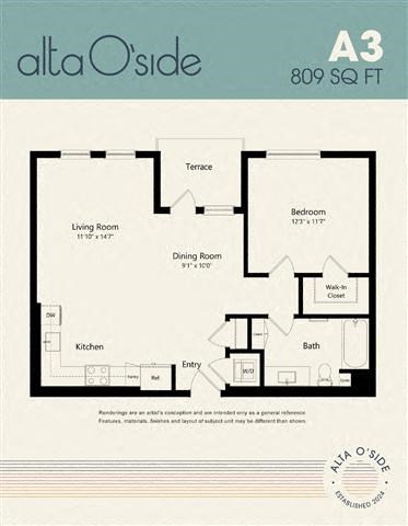 Floor plan for 1 bed, 1 bath, 809 sqft