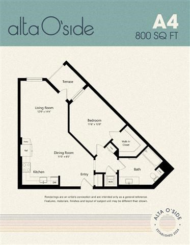 Floor plan for 1 bed, 1 bath, 800 sqft