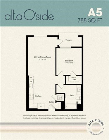 Floor plan for 1 bed, 1 bath, 788 sqft