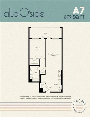 Floor plan for 1 bed, 1 bath, 879 sqft