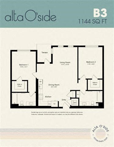 Floor plan for 2 beds, 2 baths, 1144 sqft