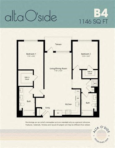 Floor plan for 2 beds, 2 baths, 1146 sqft