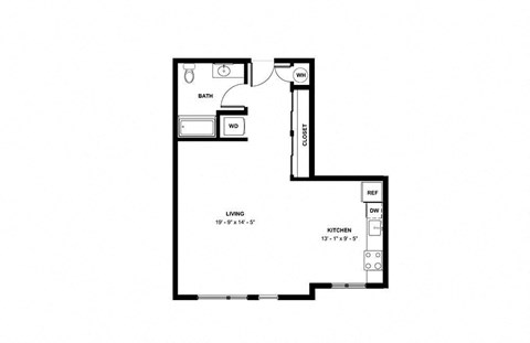 Floor plan for studio, 1 bath, 690 sqft