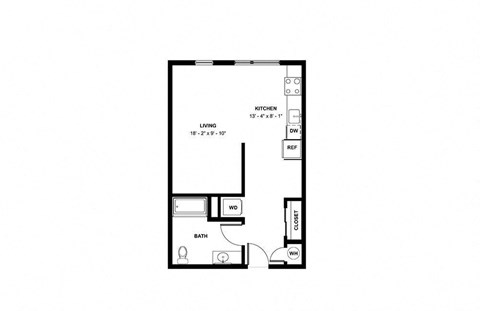 Floor plan for studio, 1 bath, 558 sqft