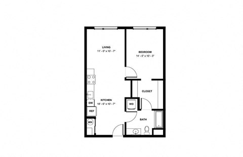 Floor plan for 1 bed, 1 bath, 697 sqft