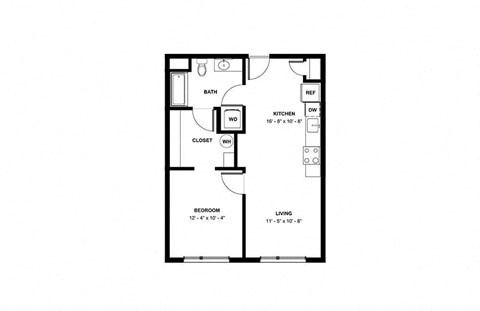 Floor plan for 1 bed, 1 bath, 687 sqft