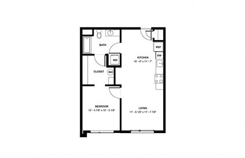 Floor plan for 1 bed, 1 bath, 680 sqft